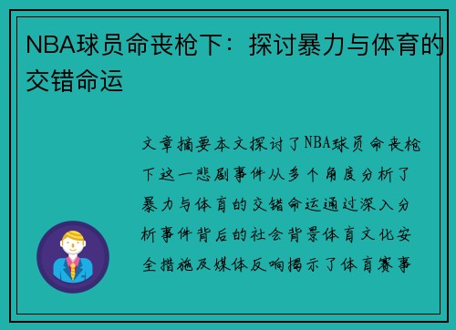 NBA球员命丧枪下：探讨暴力与体育的交错命运